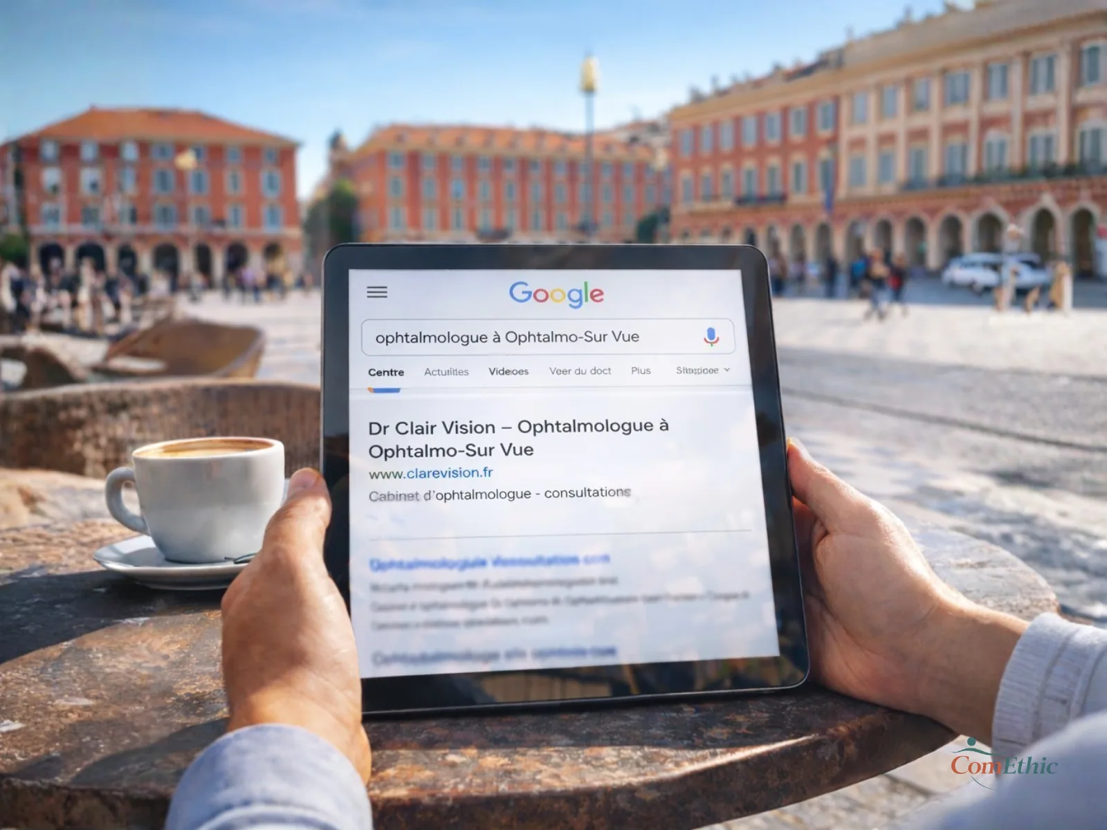 Recherche Google affichée sur tablette montrant des sites médicaux positionnés en première page