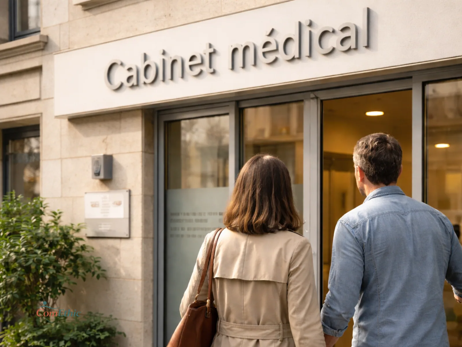 Couple entrant dans un cabinet médical, illustration de la visibilité et de l'accessibilité d'un cabinet médical référencé.