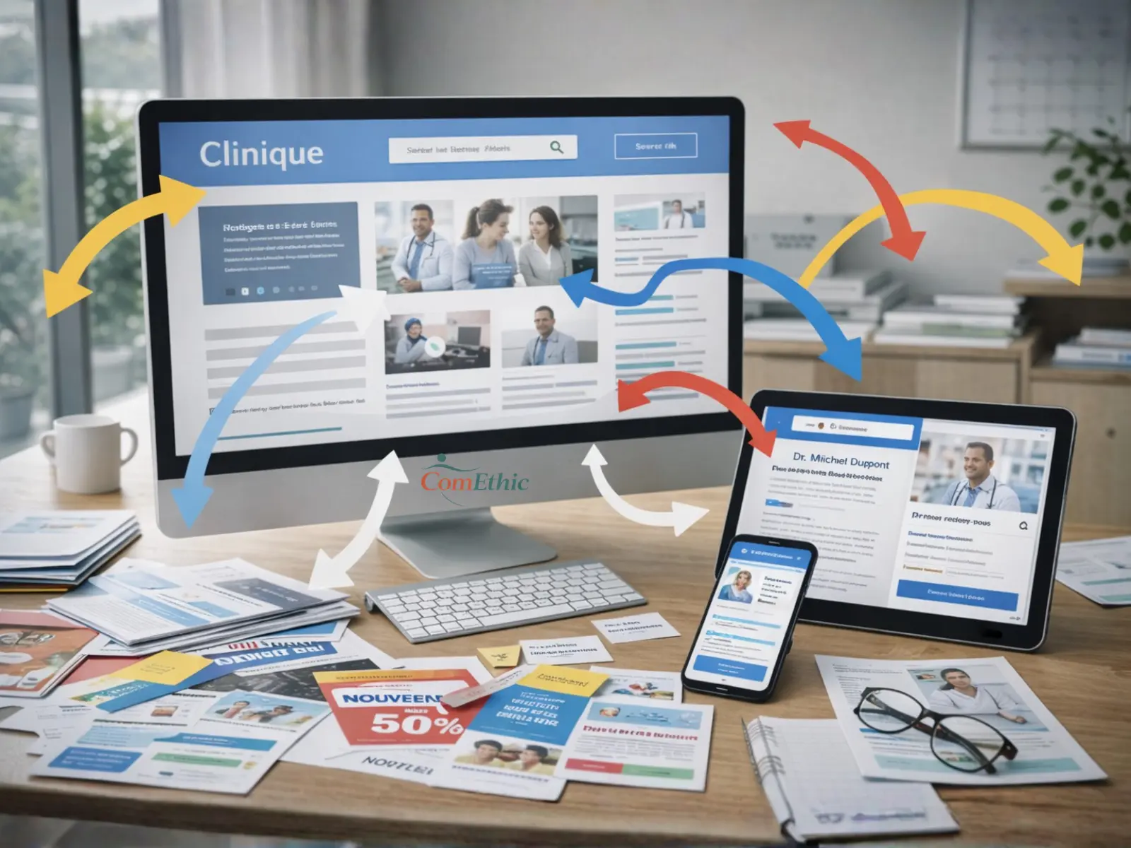 Médecin analysant sa visibilité en ligne sur un écran, illustrant la structuration d’une stratégie de communication santé.