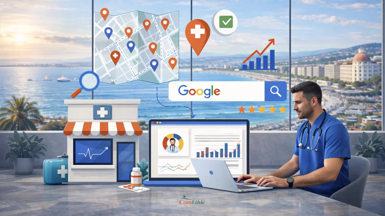 Illustration stratégique d’un changement adresse cabinet médical et de son impact sur la visibilité locale Google et le référencement territorial
