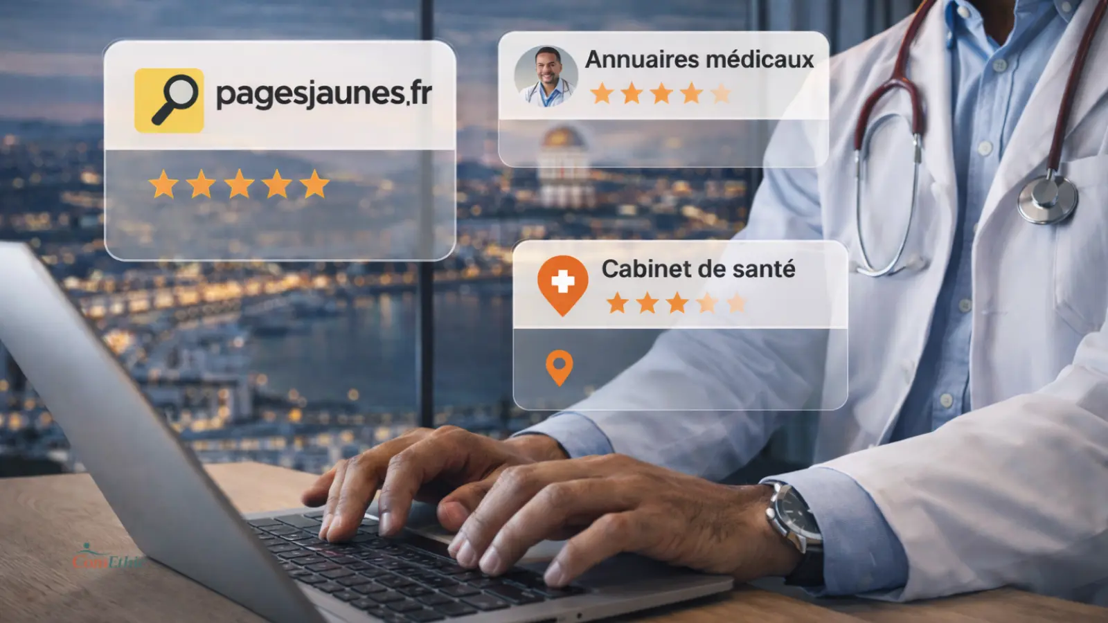 Illustration stratégique des citations locales cabinet médical montrant la cohérence entre Google, Pages Jaunes et annuaires santé pour renforcer la visibilité territoriale en PACA.