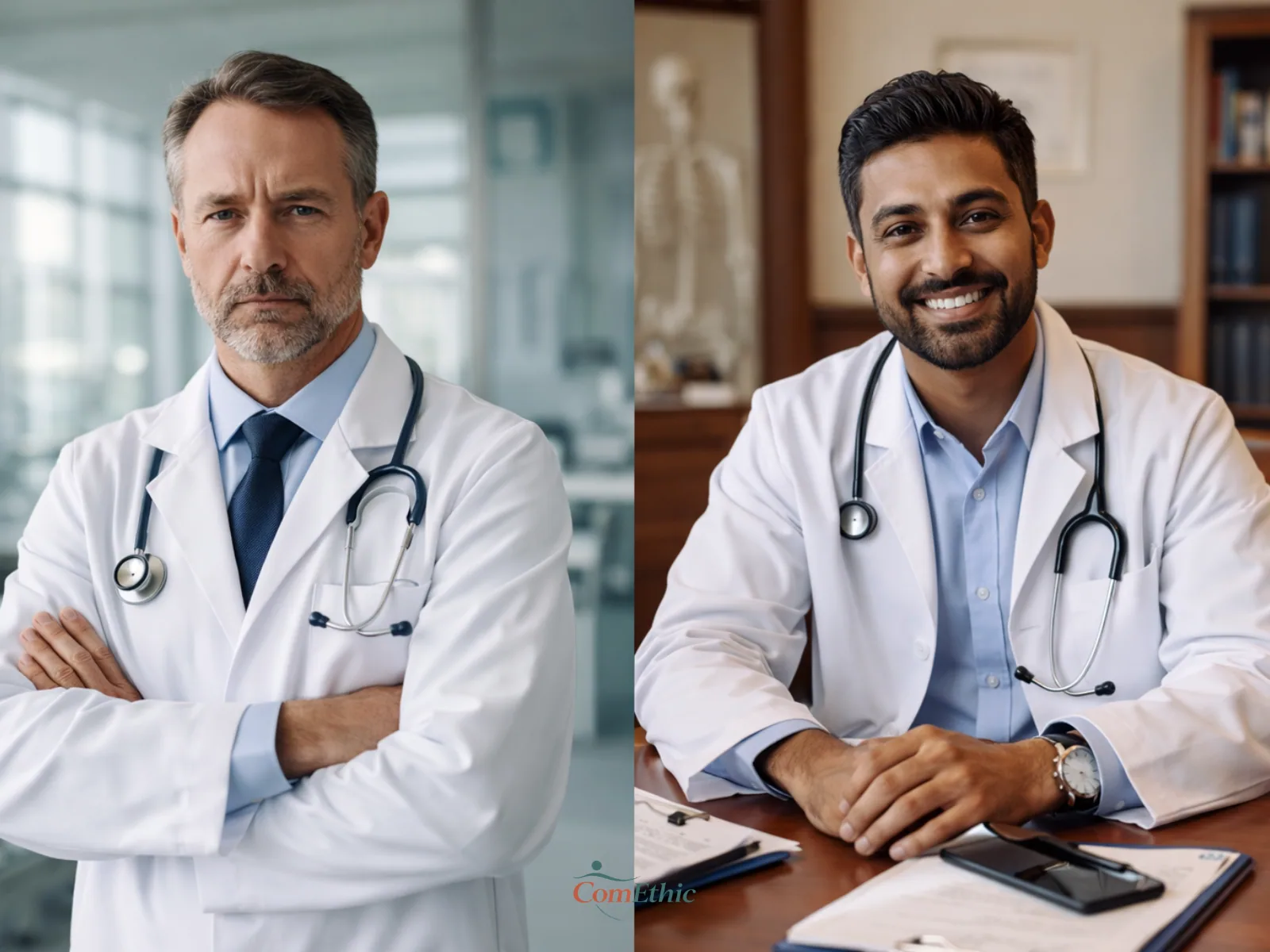 Deux médecins représentant le partenariat stratégique de ComEthic en communication médicale.