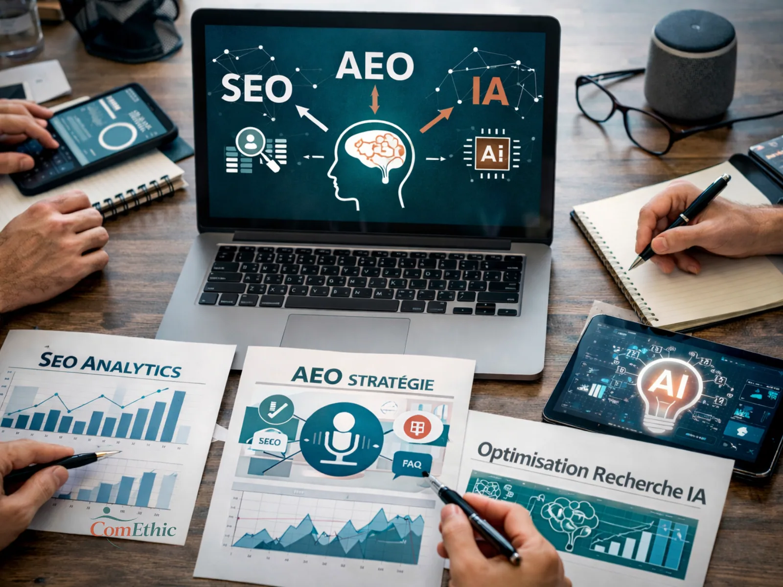 Espace de travail professionnel illustrant l’expertise ComEthic en SEO, AEO et moteurs d’intelligence artificielle appliqués à la communication santé.