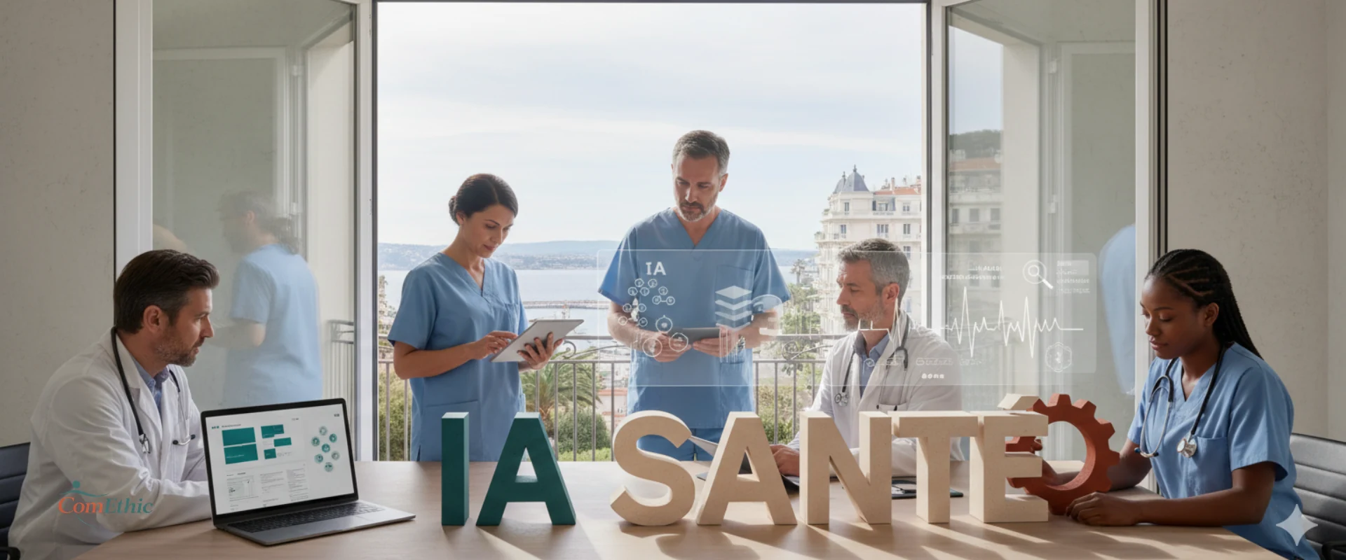 Illustration stratégique de l’IA, de la recherche vocale et de l’AEO appliqués à la communication médicale pour améliorer la visibilité d’un cabinet de santé.