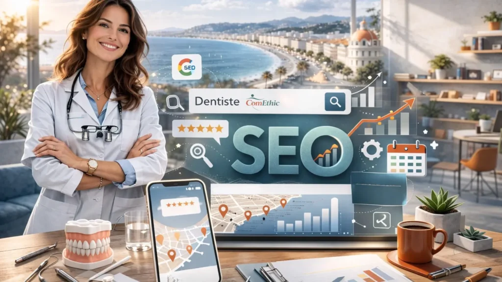 Référencement chirurgien dentiste : illustration d’un cabinet dentaire structuré pour améliorer sa visibilité sur Google en 2026