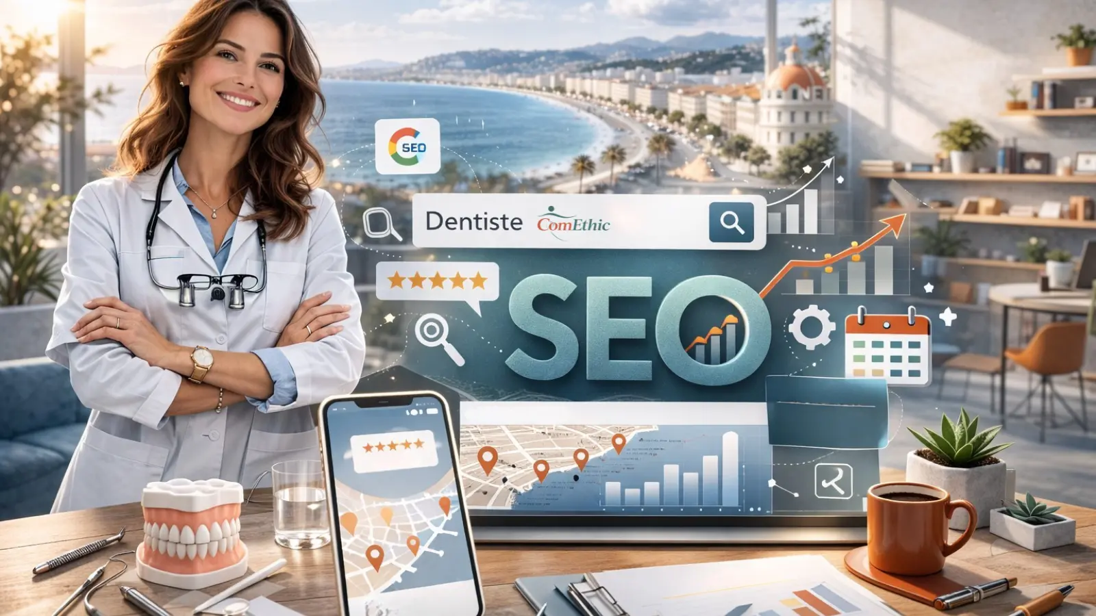 Référencement chirurgien dentiste : illustration d’un cabinet dentaire structuré pour améliorer sa visibilité sur Google en 2026