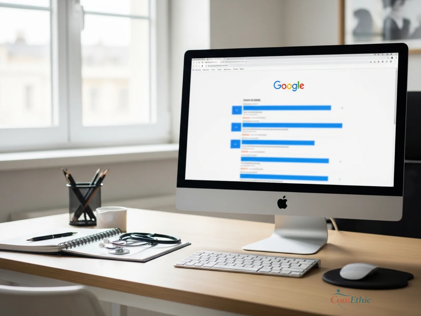 Écran d'ordinateur affichant des résultats Google dans un cabinet médical.