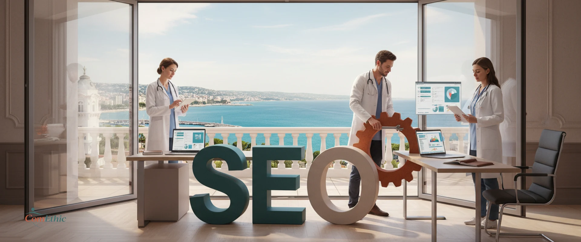 Illustration du référencement naturel médical : stratégie SEO, structuration EEAT et visibilité Google pour médecins et cliniques