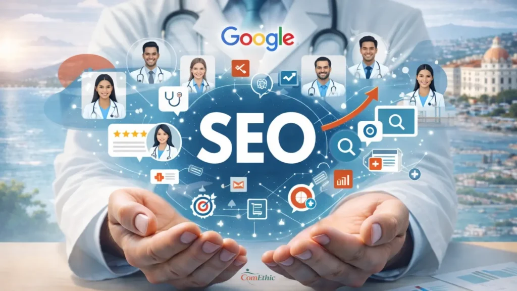 SEO médecin : illustration de la stratégie de référencement naturel médical pour positionner un cabinet sur Google en 2026.