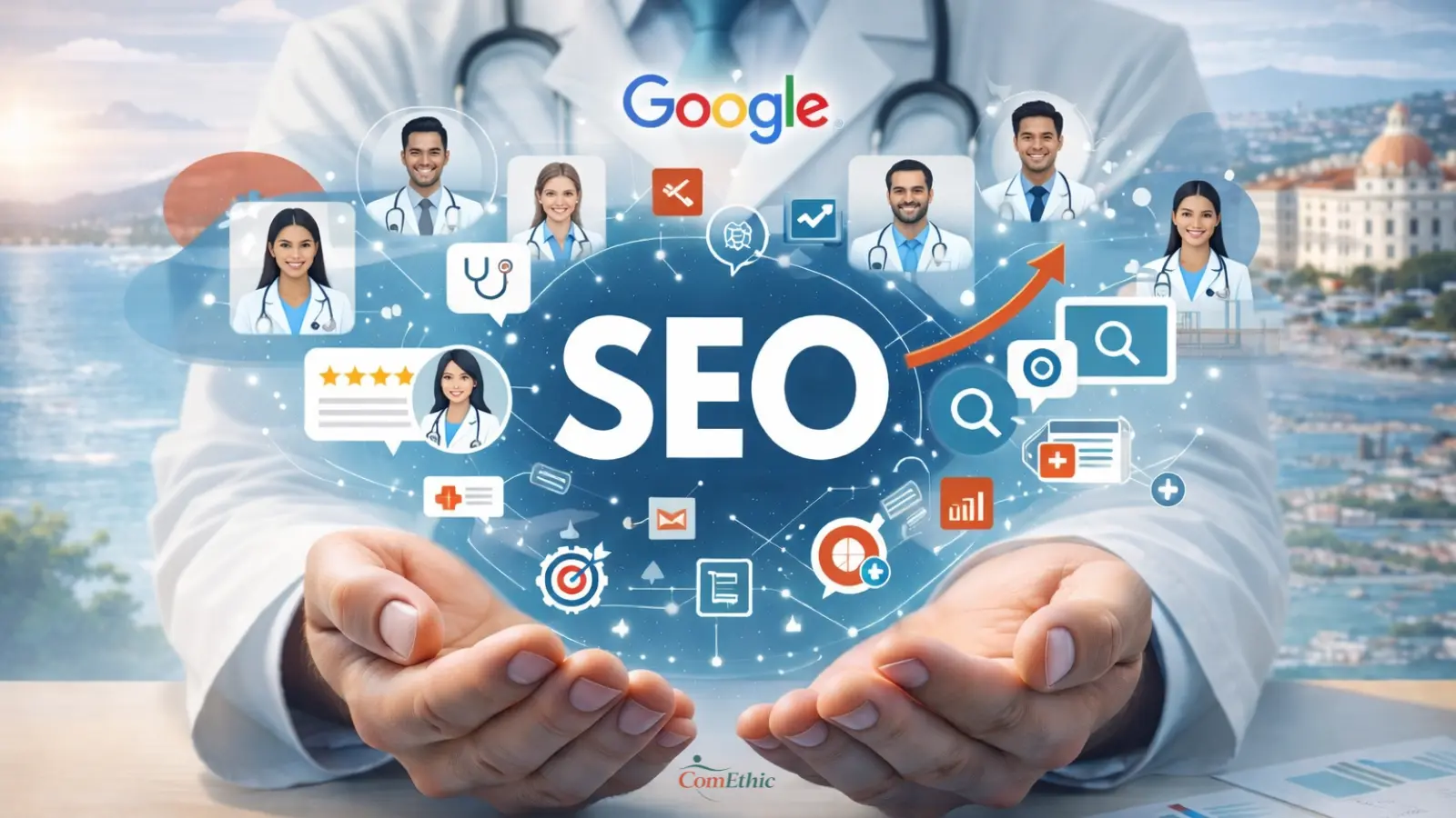 SEO médecin : illustration de la stratégie de référencement naturel médical pour positionner un cabinet sur Google en 2026.