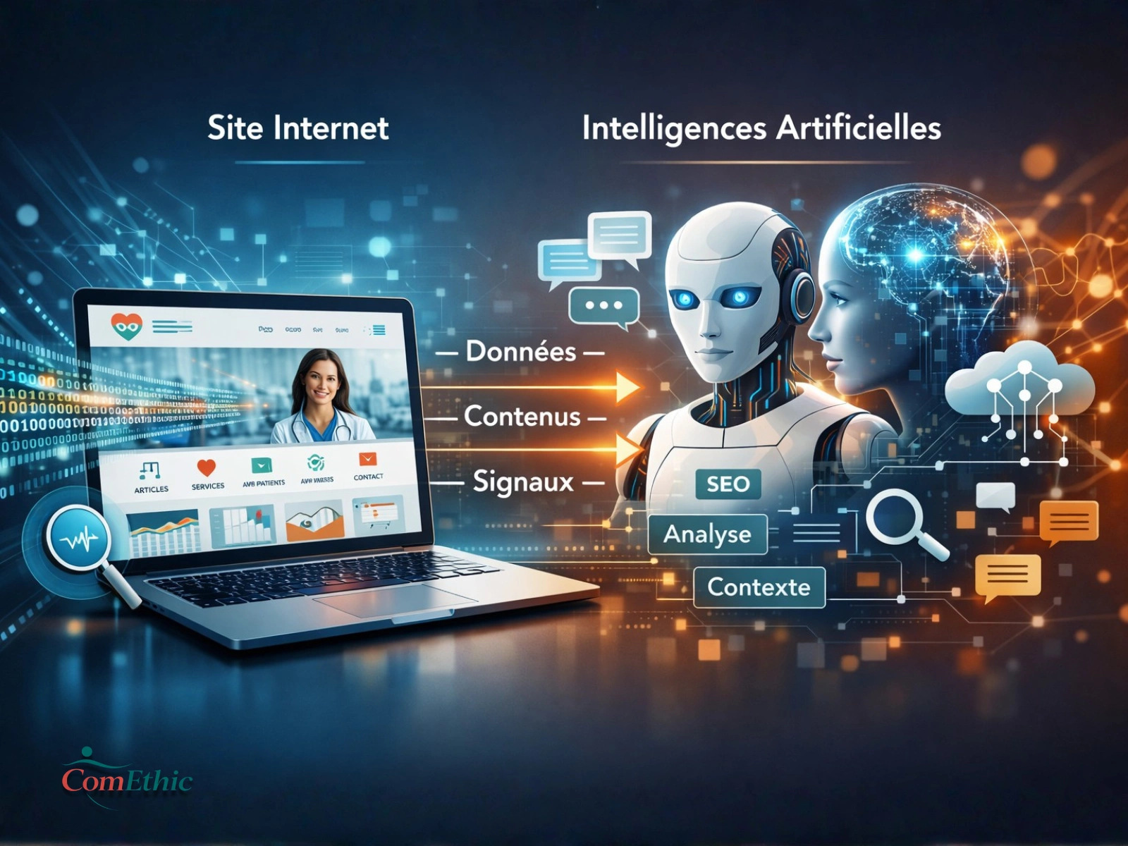 Illustration d’un site internet médical interprété par Google et les intelligences artificielles pour la visibilité et la sélection des sources.