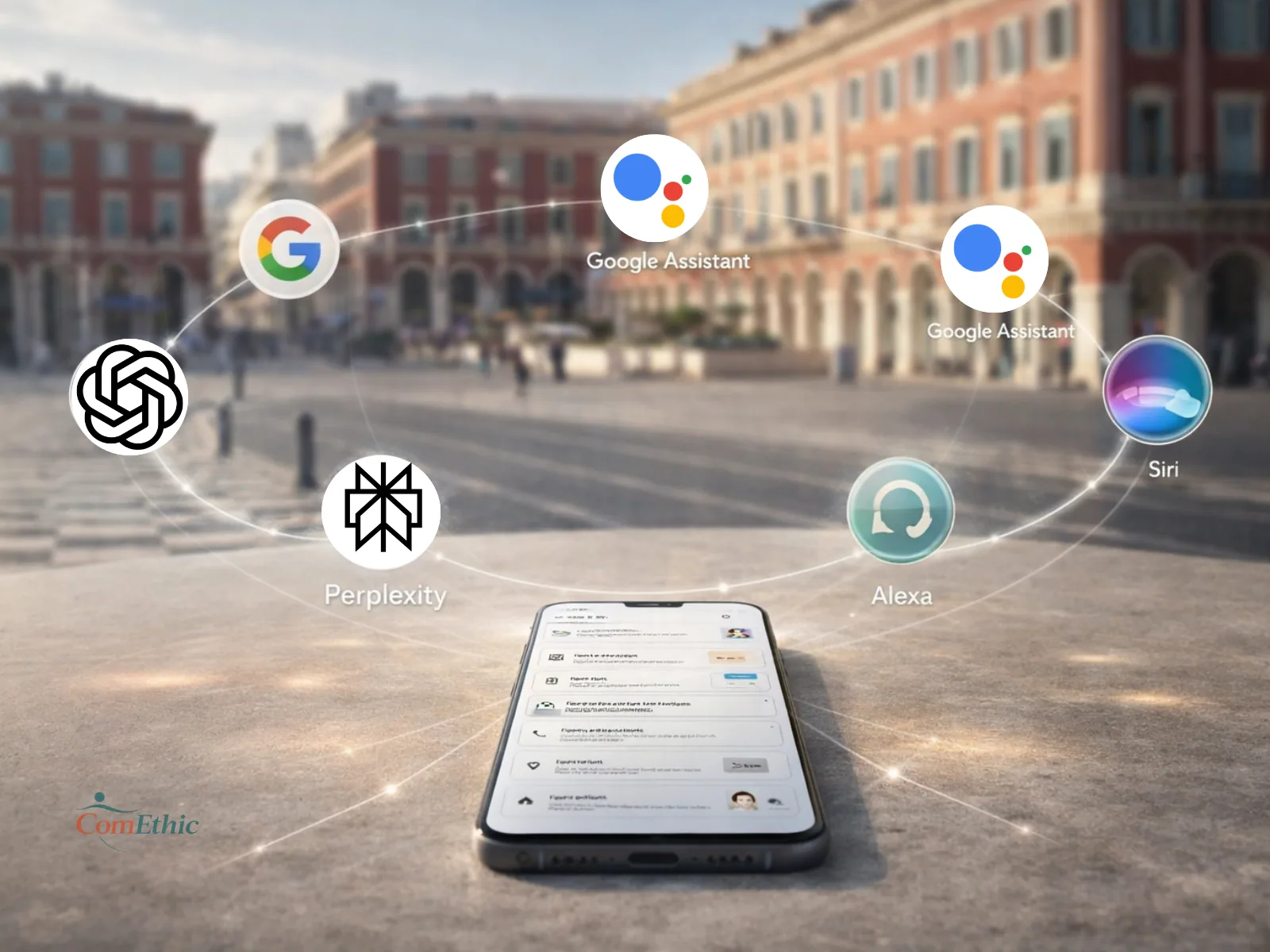 Smartphone affichant une page médicale structurée, relié à Google, Siri, Alexa, ChatGPT et Perplexity.