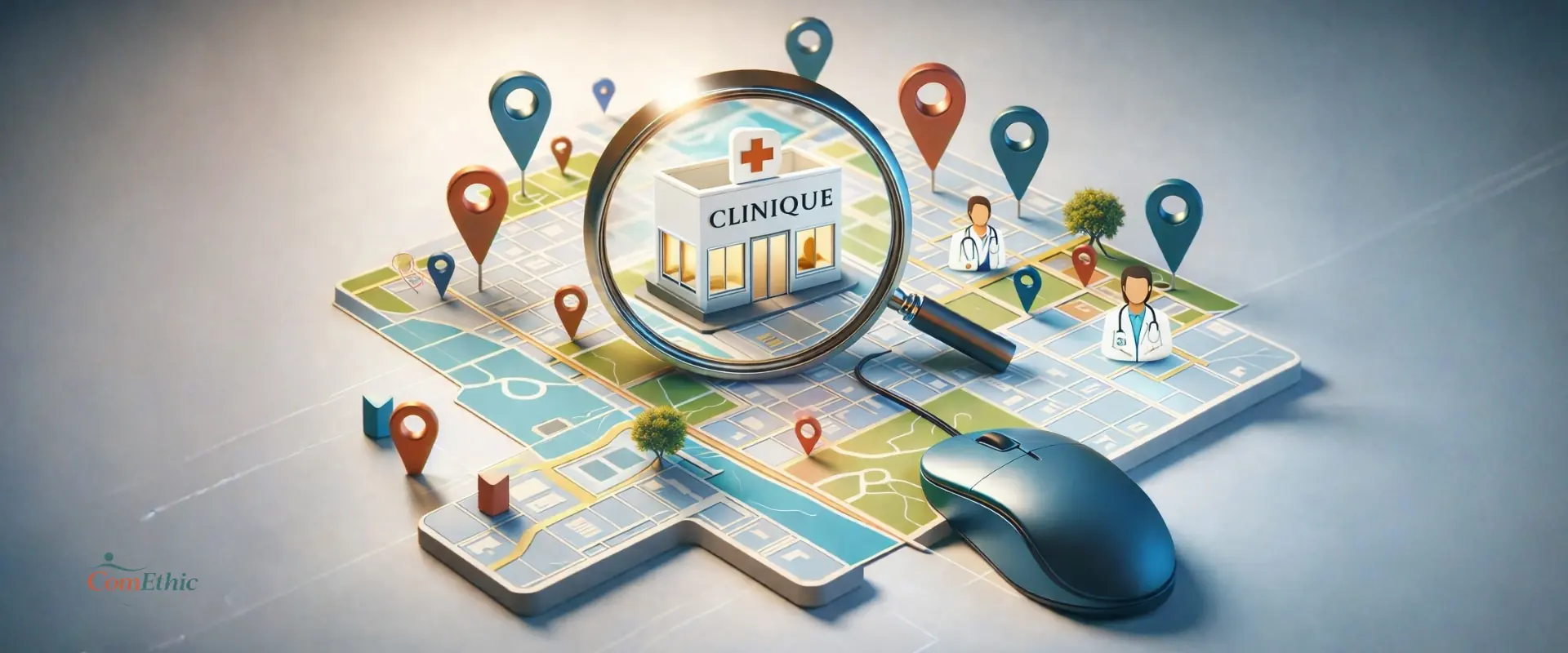 Visibilité locale d'une clinique médicale sur la carte Google : épingles de localisation et fiche, référencement local par ComEthic