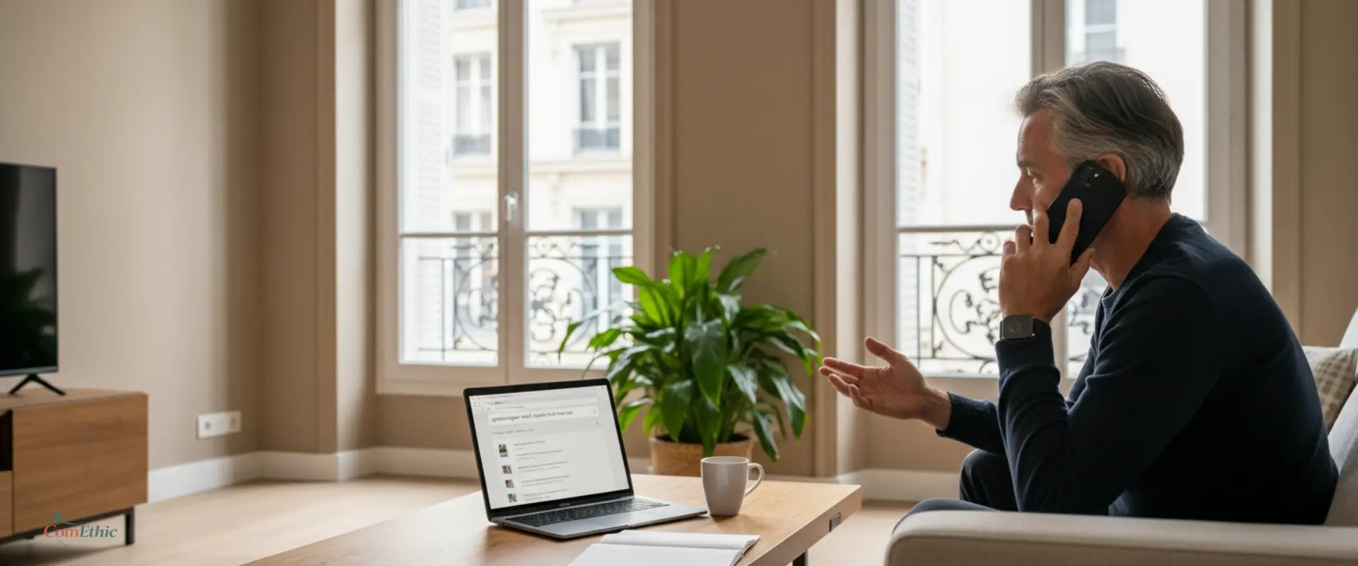 Professionnel de santé organisant sa visibilité en ligne sur Google et les assistants IA, accompagné par une agence de communication santé