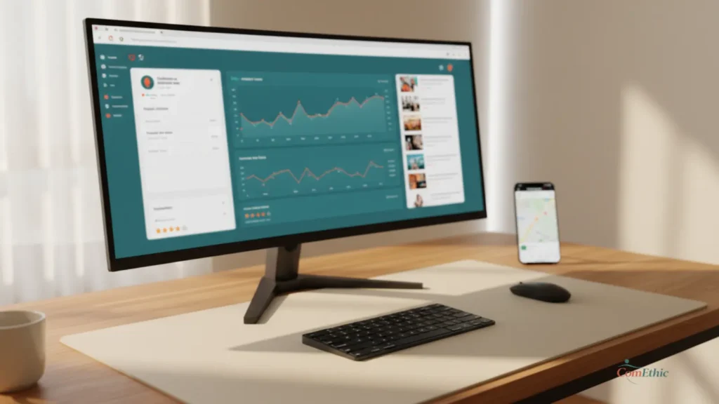 Attirer patients cabinet médical : dashboard de visibilité digitale montrant fiche Google, analytics et avis en ligne — les cinq maillons de l'écosystème de communication d'un cabinet