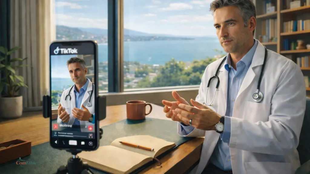 Médecin TikTok : un praticien face à son smartphone, entre visibilité virale et stratégie de communication médicale — faut-il se lancer pour remplir son cabinet ?