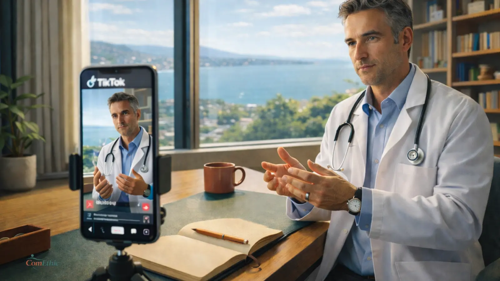 Médecin TikTok : un praticien face à son smartphone, entre visibilité virale et stratégie de communication médicale — faut-il se lancer pour remplir son cabinet ?