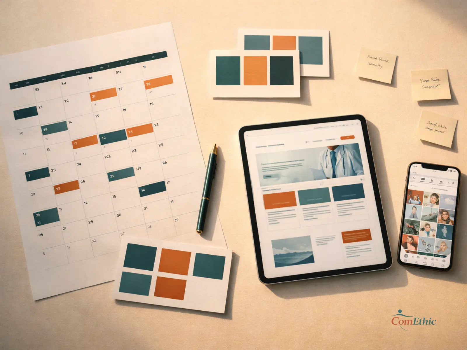 Stratégie de communication médicale : l'écosystème complet d'un positionnement de cabinet Stratégie de communication médicale : vue aérienne d'un espace de travail montrant un calendrier éditorial, une identité visuelle et un site web médical en cours de construction