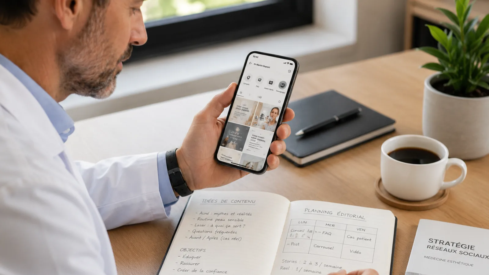 Médecin planifiant sa communication et ses réseaux sociaux avec smartphone et carnet