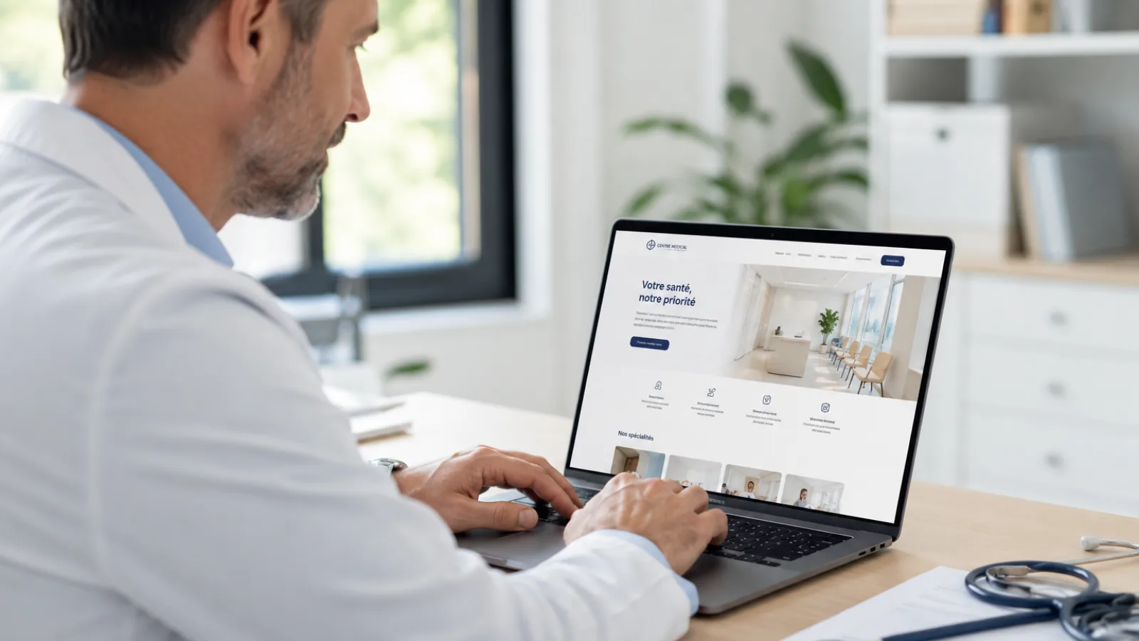 Médecin consultant le site internet de son cabinet sur un ordinateur portable