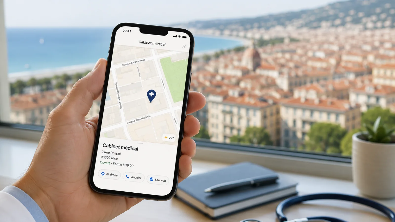 Carte avec localisation d'un cabinet médical sur smartphone, référencement local à Nice