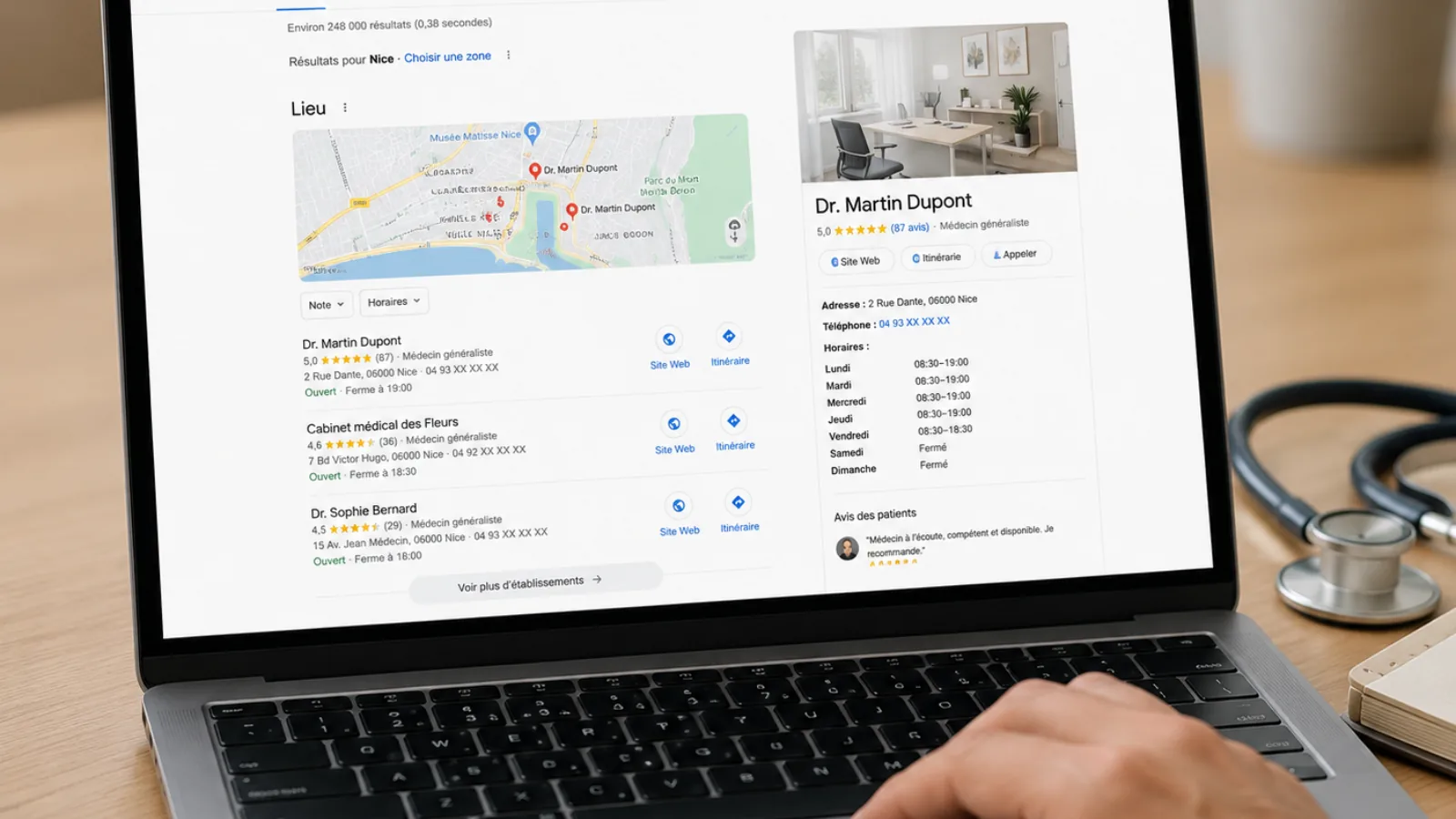 Page de résultats Google pour un cabinet médical local, référencement SEO santé