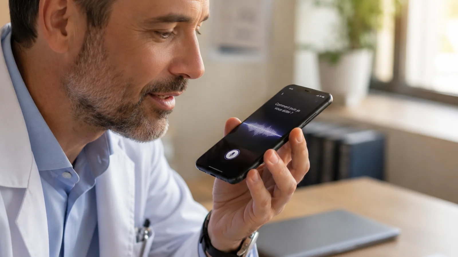 Médecin interrogeant un assistant vocal sur son smartphone, visibilité dans les IA